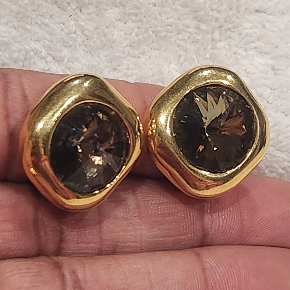 Vintage Georgiou Gold Tone Smoky Brown‎ Crystal Clip On Earrings Chunky Square